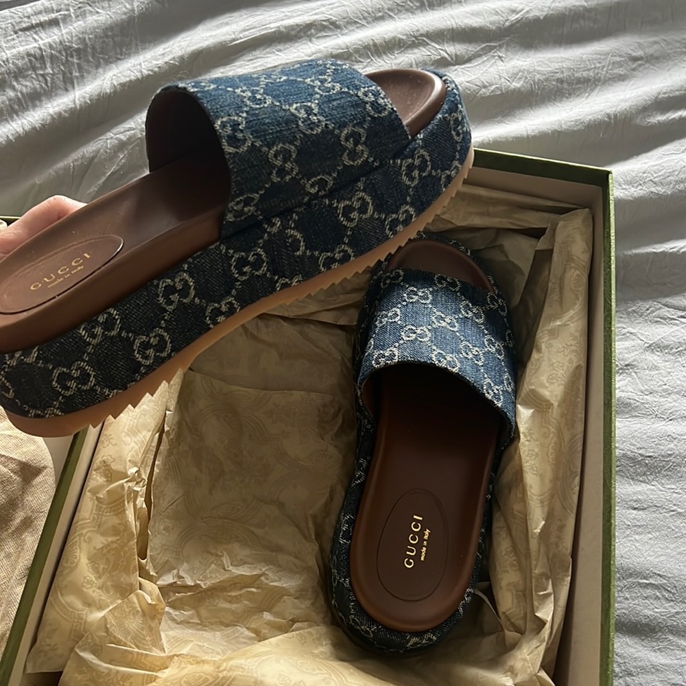 Gucci Blue Monogram Denim Slide Sandals